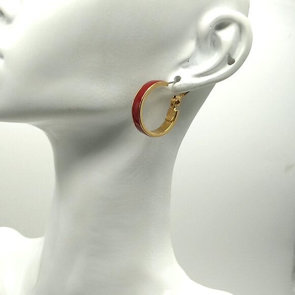 Vintage MONET Red Enamel Inlay Hoop Earrings Gold-Tone - Picture 13 of 16